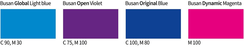 Busan Flobal Light blue C90, M30 / Busan Open Violet C75, M100 / Busan Original Blue C100, 80 / Busan Dynamic Magenta M100